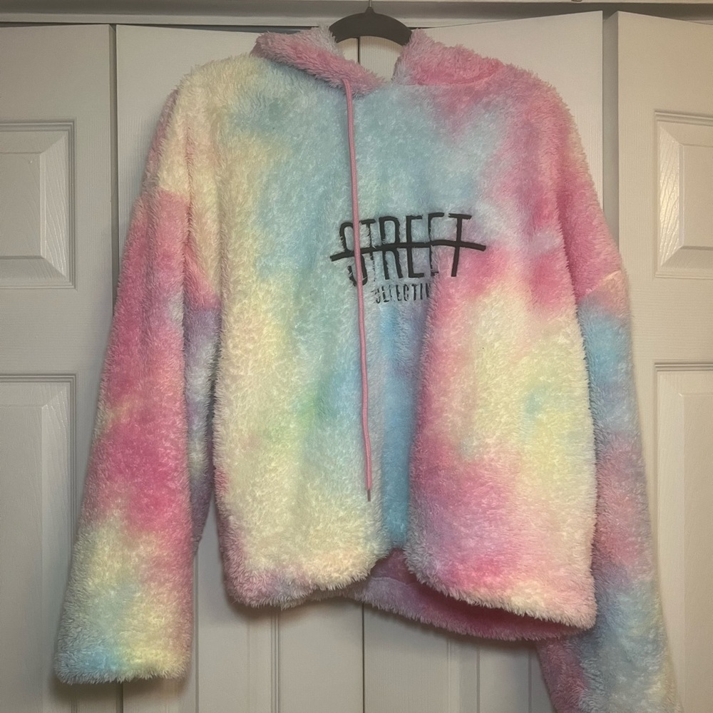 Street Collective Fleece Rainbow Tie Dye Oversized Hoodie Borg High Neck UK 14